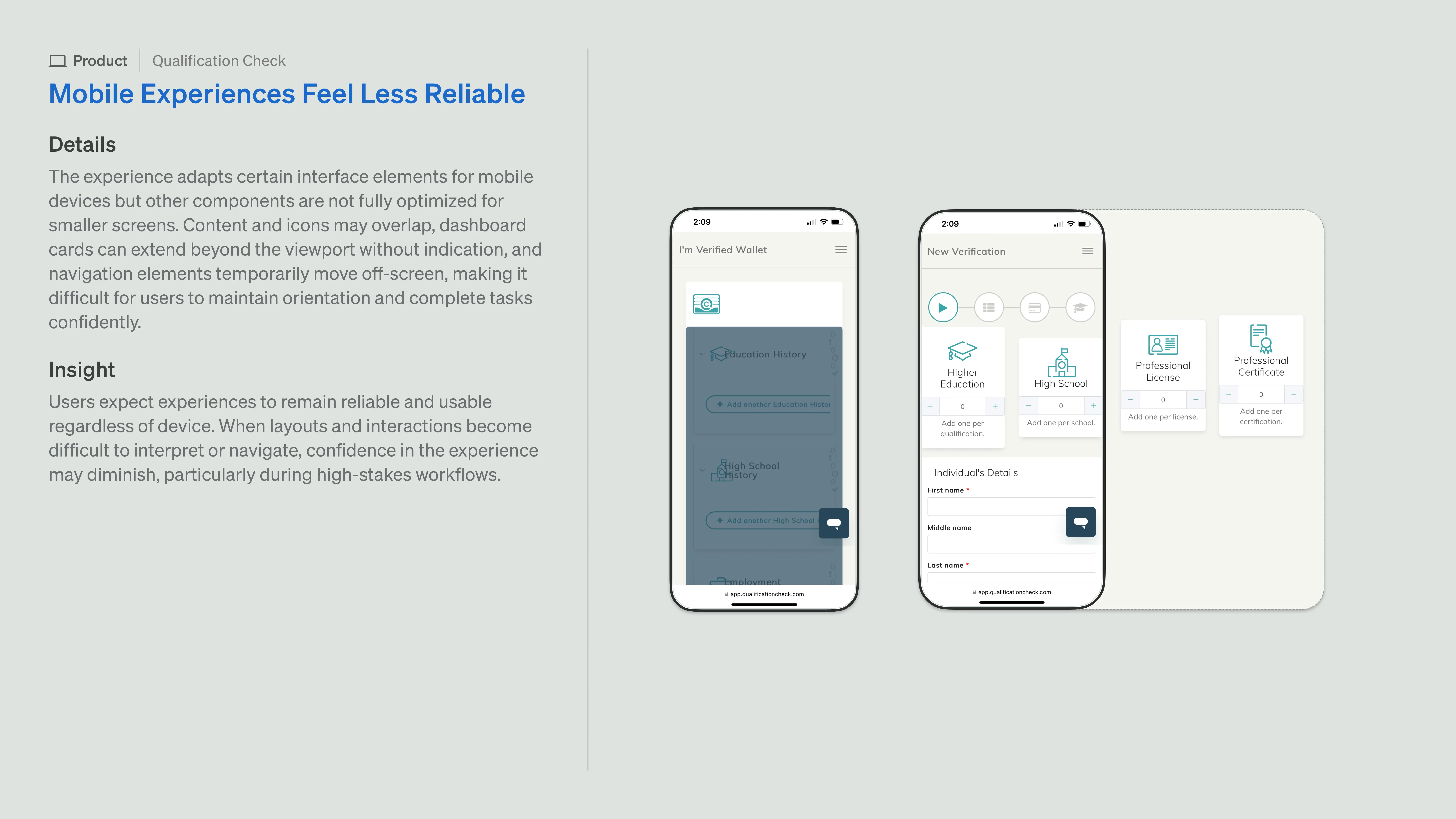 Image showing mobile patterns for the Qualification Check product with broken layout, overlapping icons and text, and content not visible in the viewport.