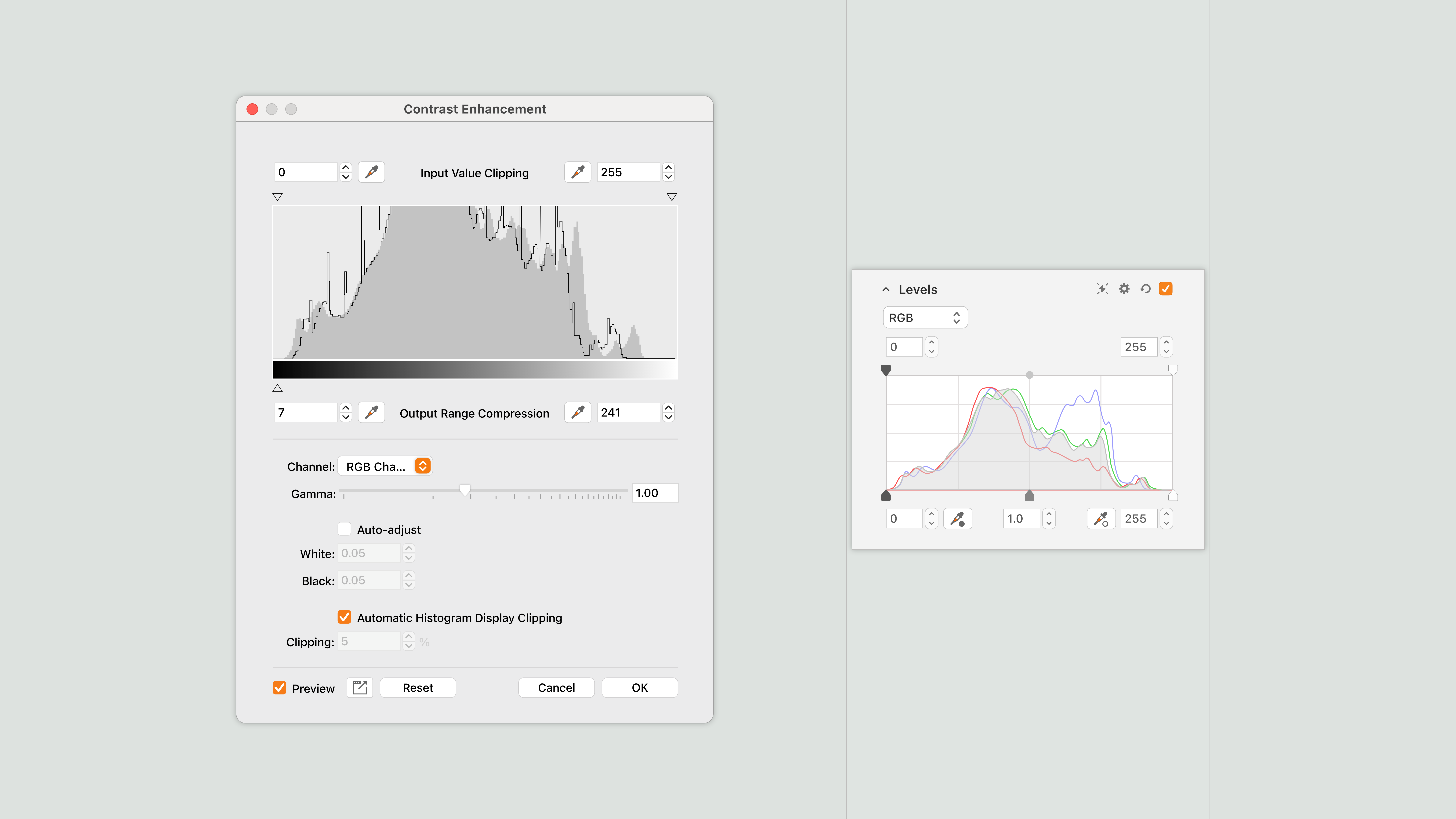 Image comparing the legacy Contrast Enhancement dialog with the new contextual, and more compact Levels filter.