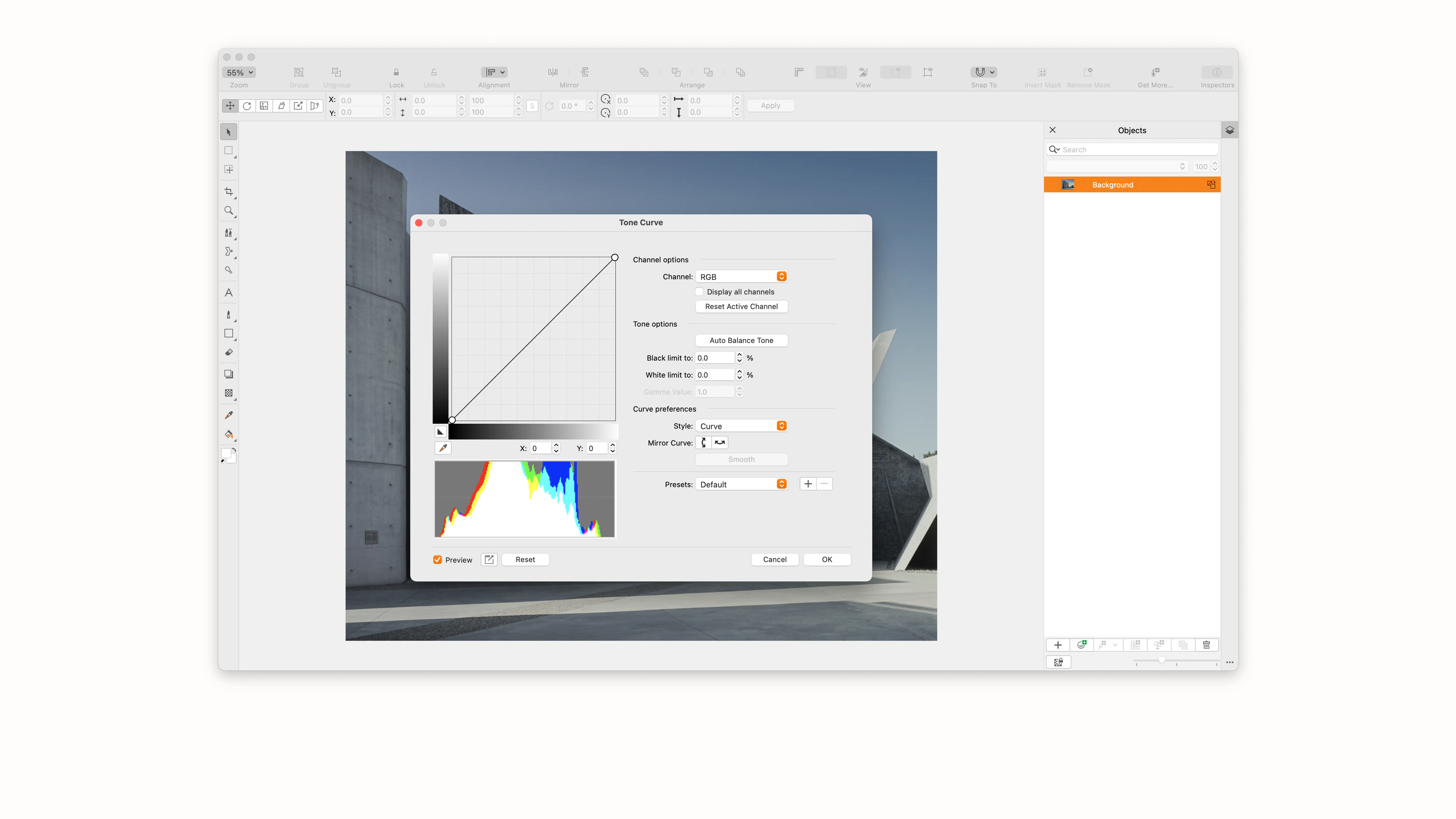 Corel PHOTO-PAINT showing the Tone Curve adjustment dialog over the image canvas.