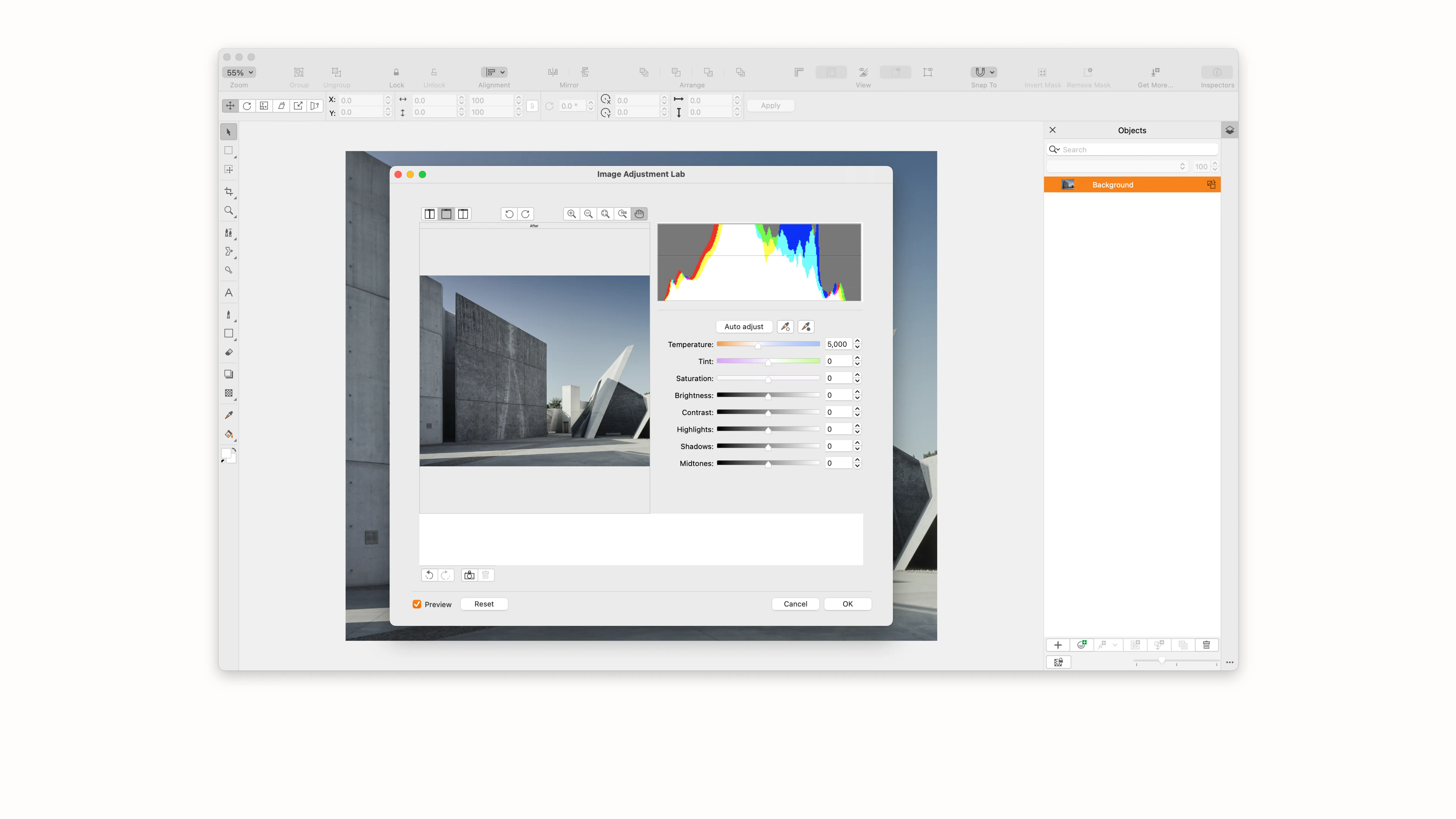 Corel PHOTO-PAINT showing the Image Adjustment Lab adjustment dialog over the image canvas.