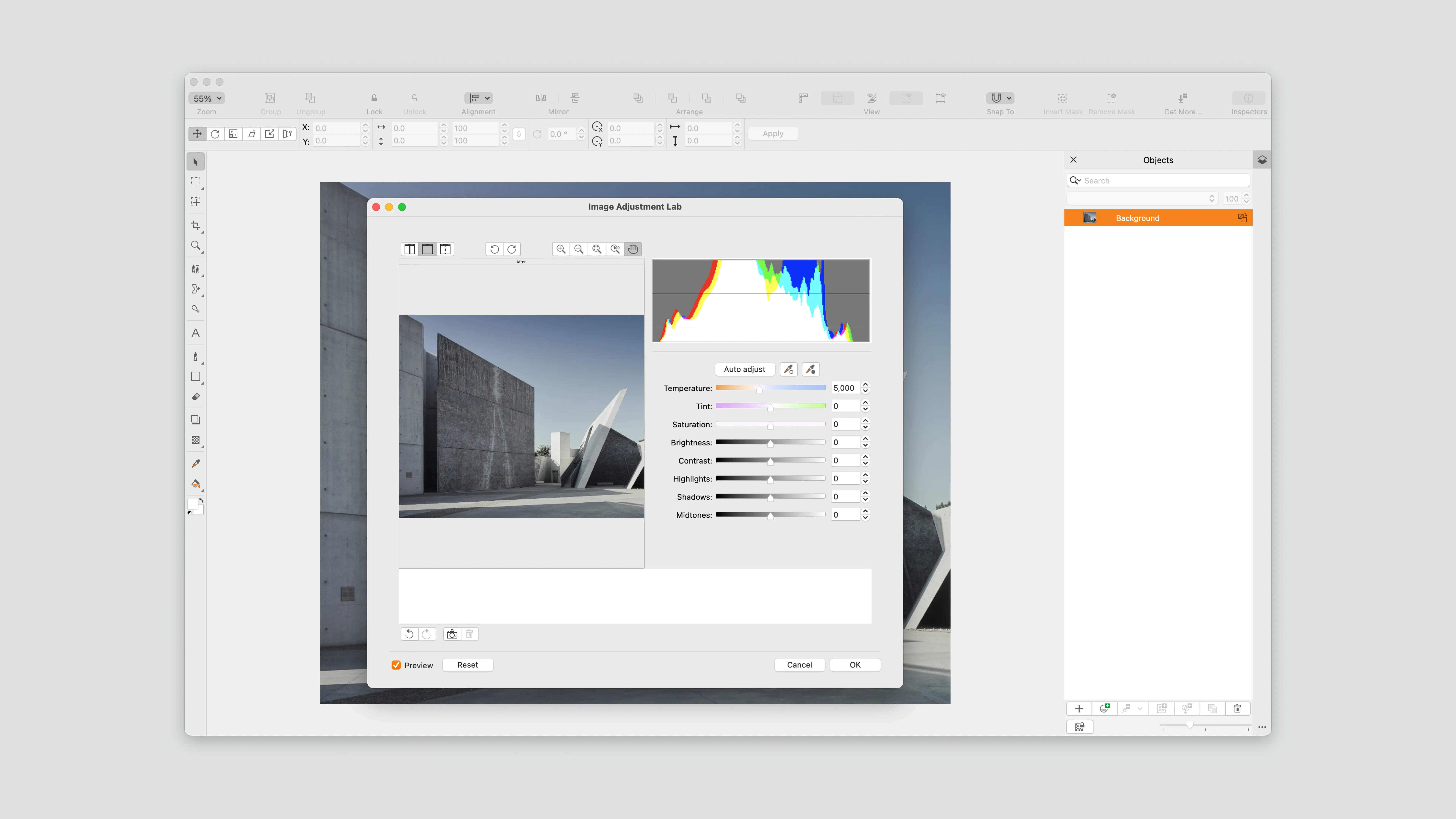 Image of a large Image Adjustment Lab dialog overtop of the image in the canvas area that illustrates how users edited out of context in the legacy editing workflow.