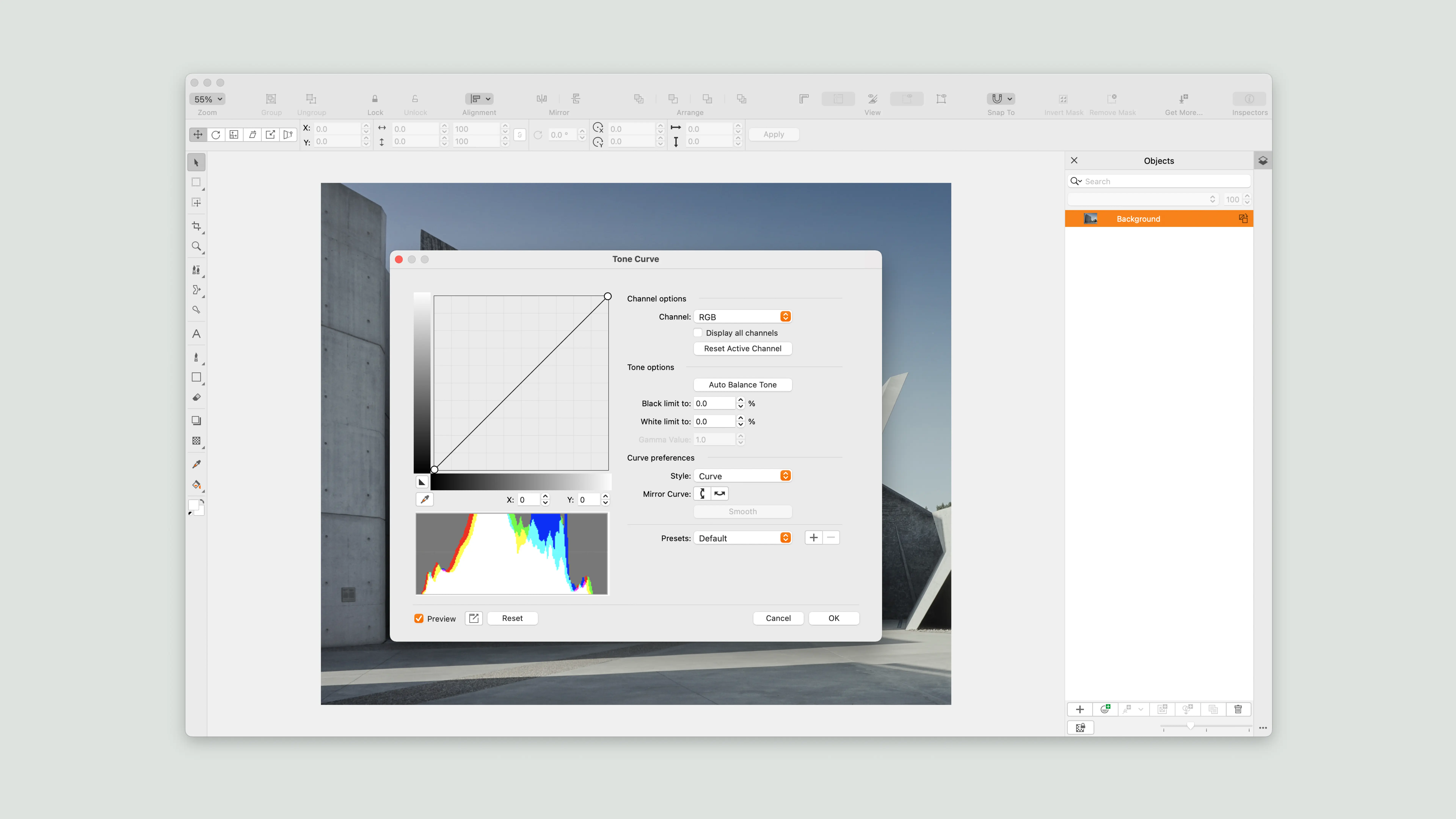 Image of a large Tone Curve dialog overtop of the image in the canvas area that illustrates how users edited out of context in the legacy editing workflow.