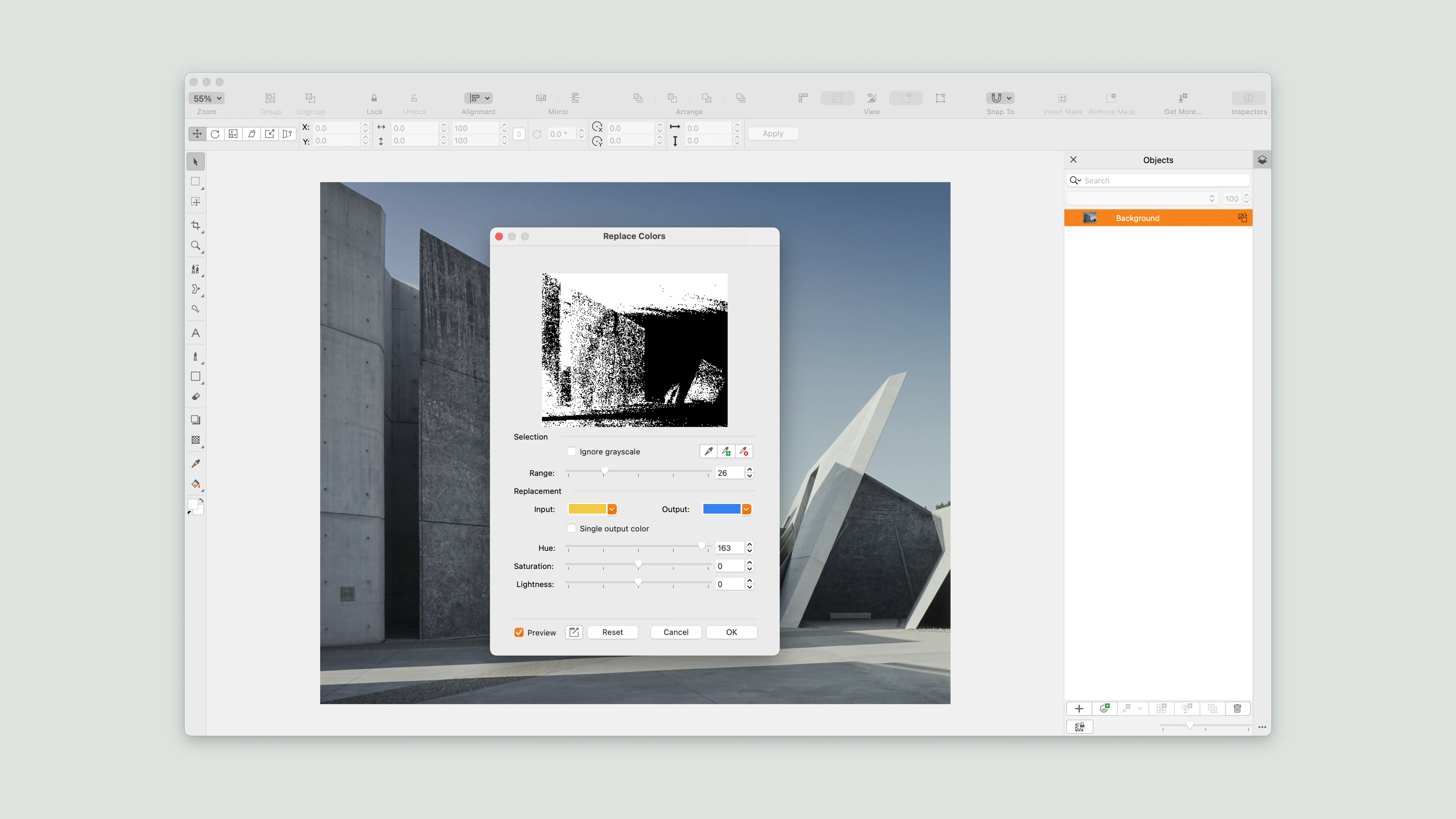 Image of a large Replace Colors dialog overtop of the image in the canvas area that illustrates how users edited out of context in the legacy editing workflow.