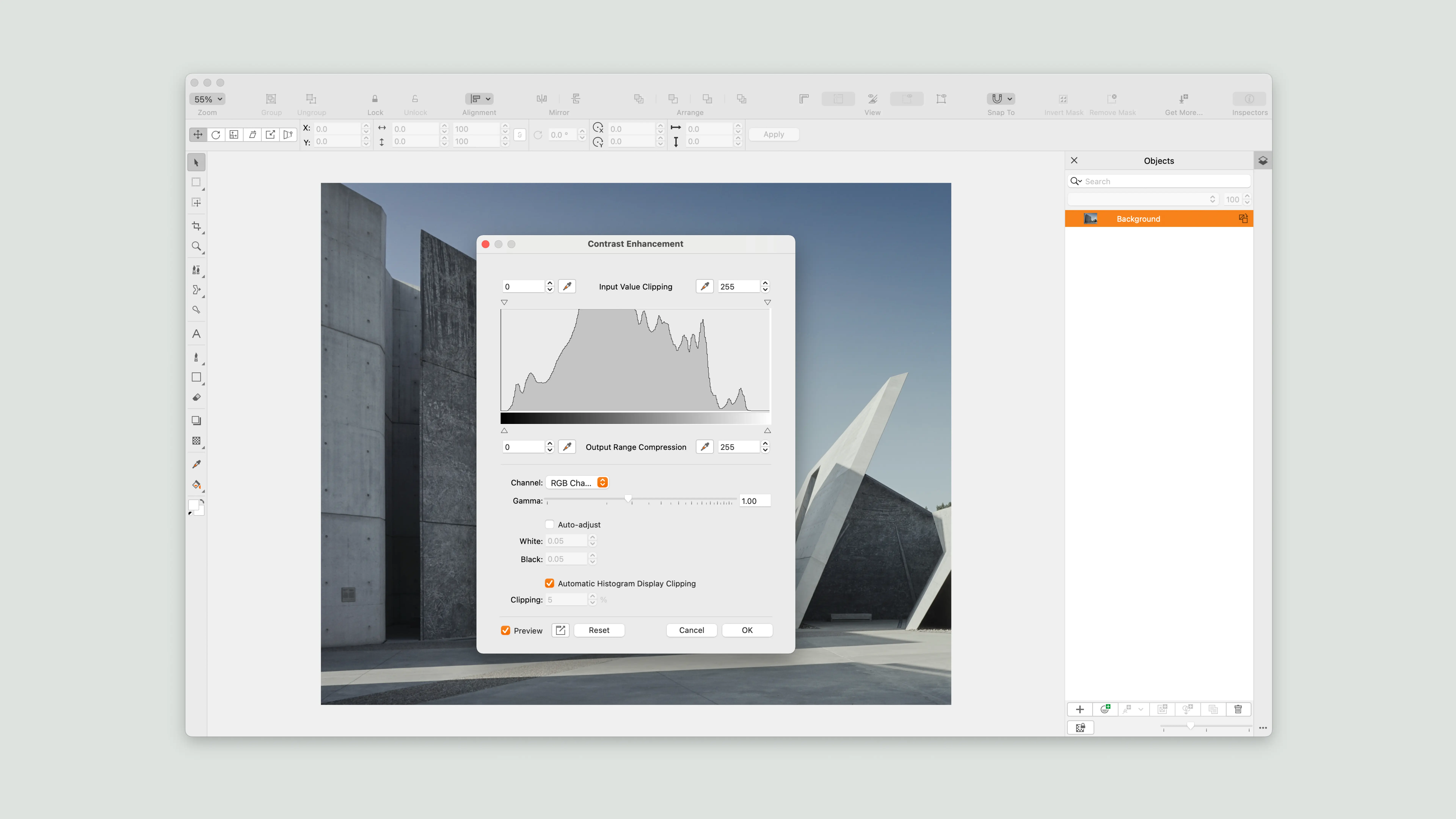 Image of a large Contrast Enhancement dialog overtop of the image in the canvas area that illustrates how users edited out of context in the legacy editing workflow.